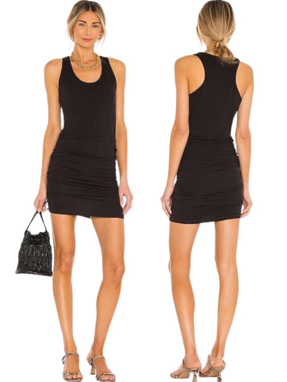 Monrow Revolve Supersoft Tank Shirred Mini Dress Women's Medium Black Ruched NWT